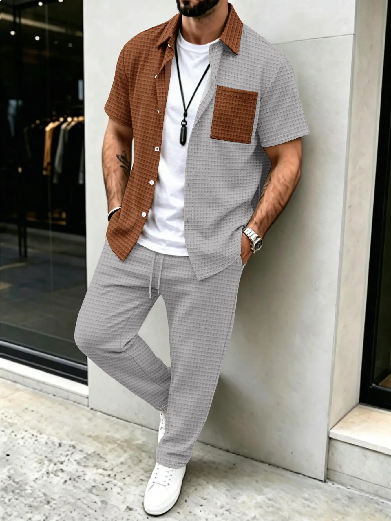 Mens Fashion Clothes - Herren-Set mit Waffelmuster-Hemd und Langer Hose,