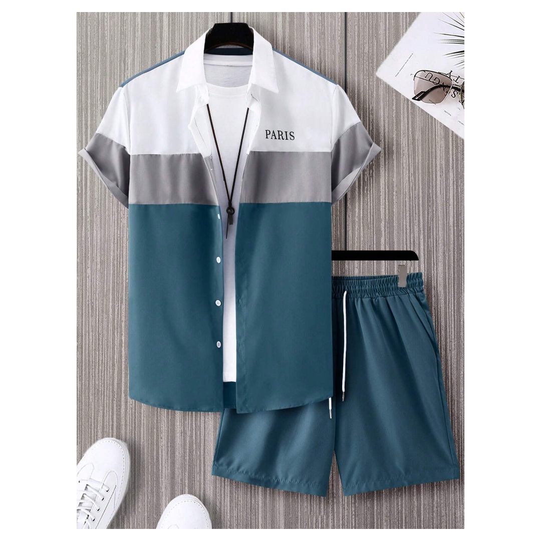 Mens Fashion Clothes - Herrenmode-Anzug, blau-weiß patchworkfarben, einreihig, kurzärmeliges Revershemd